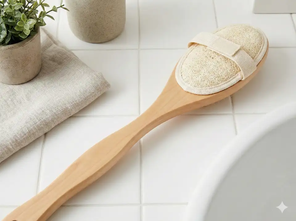 Long wooden handle back scrubber with loofah pad attachment