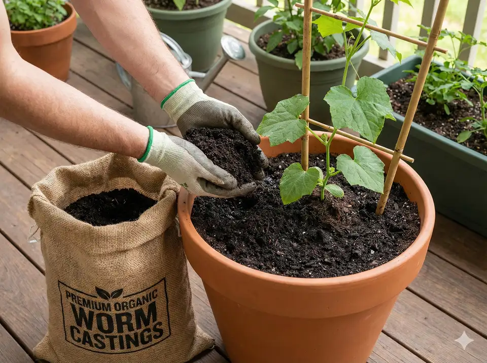 Hands adding dark worm castings to container luffa plant with bag of worm castings visible showing rich organic matter