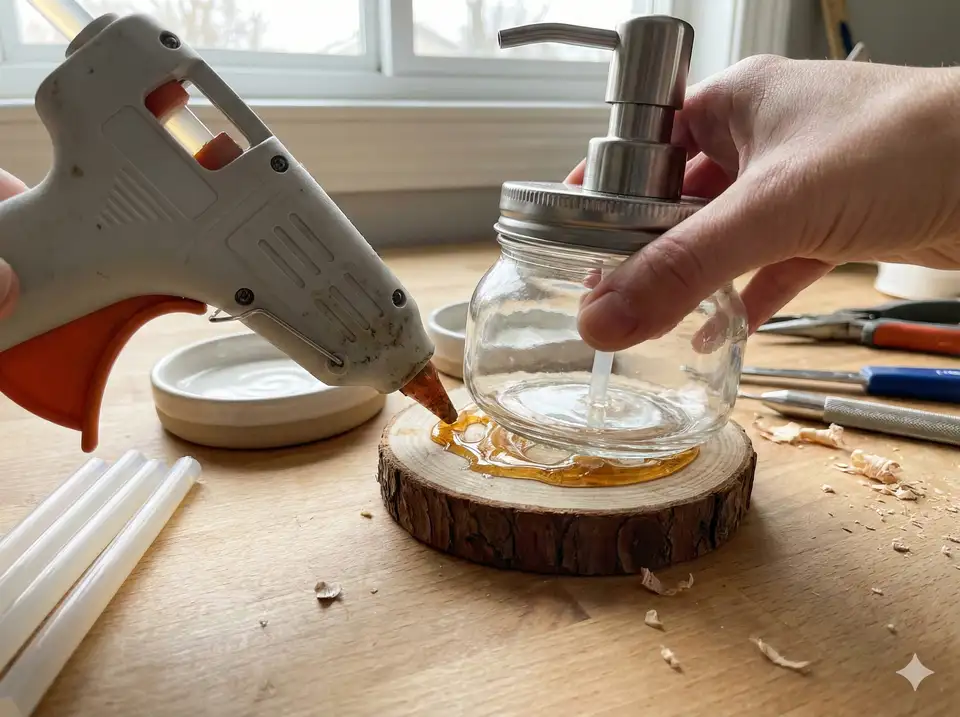 Gluing loofah round to small dish or wooden base