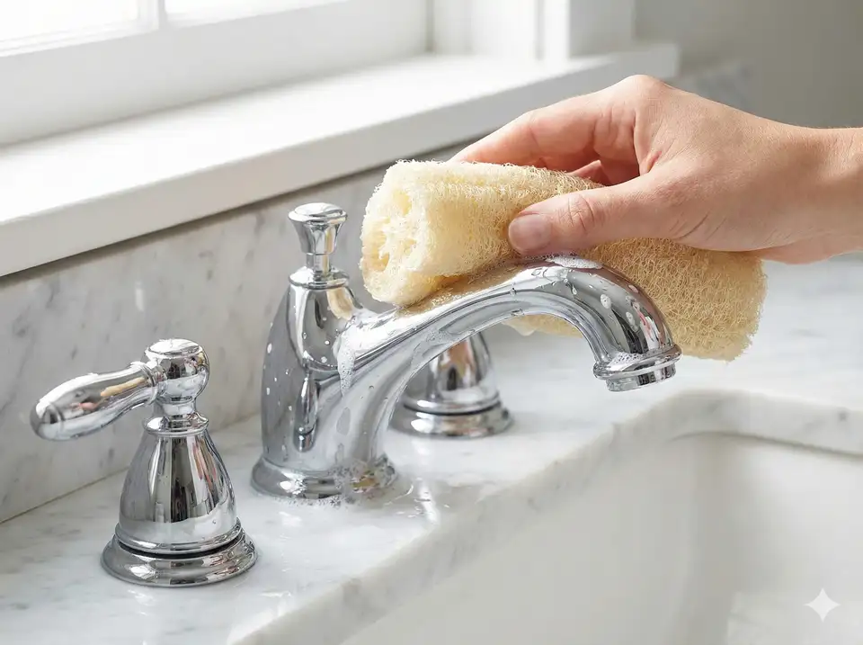 Polishing chrome faucets and fixtures with gentle loofah