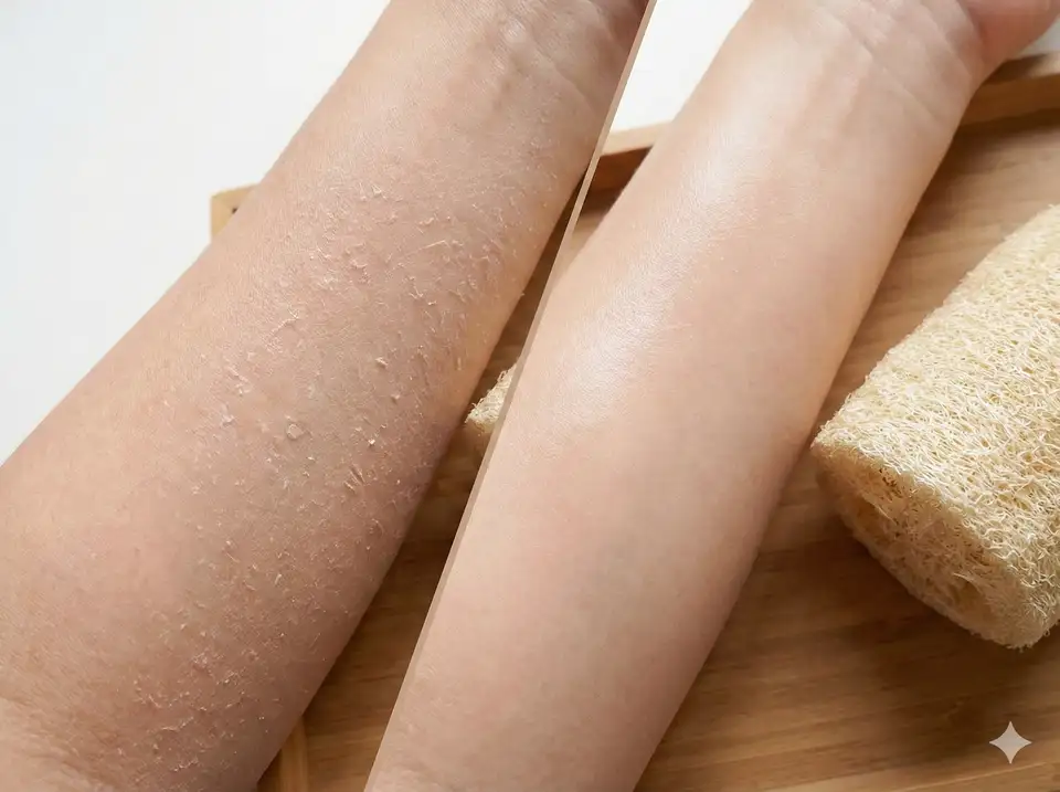Before and after comparison showing rough dry skin texture versus smooth glowing skin after consistent loofah exfoliation routine