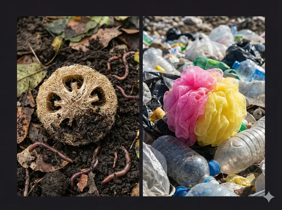 Split screen showing loofah decomposing in compost pile versus plastic sponge in landfill - environmental contrast