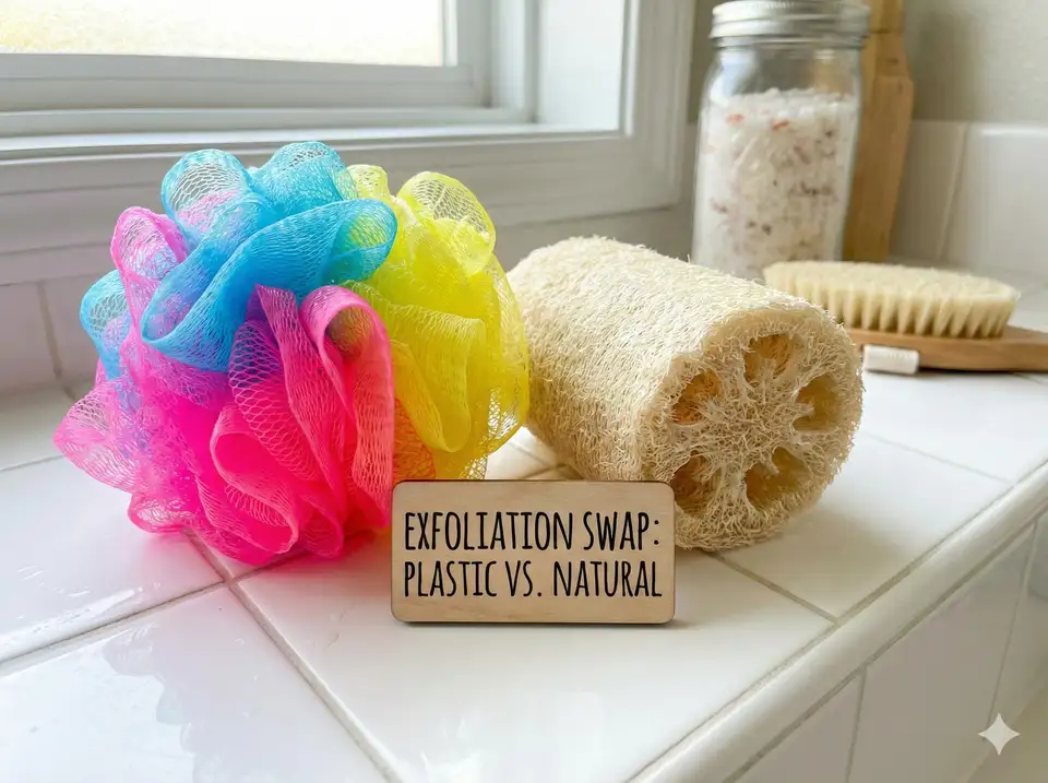 Plastic bath pouf vs natural loofah for body cleansing