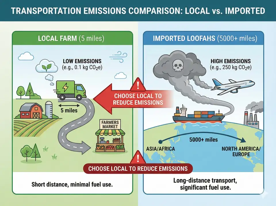 Infographic showing transportation emissions: local farm 5 miles vs imported loofahs traveling 5000+ miles
