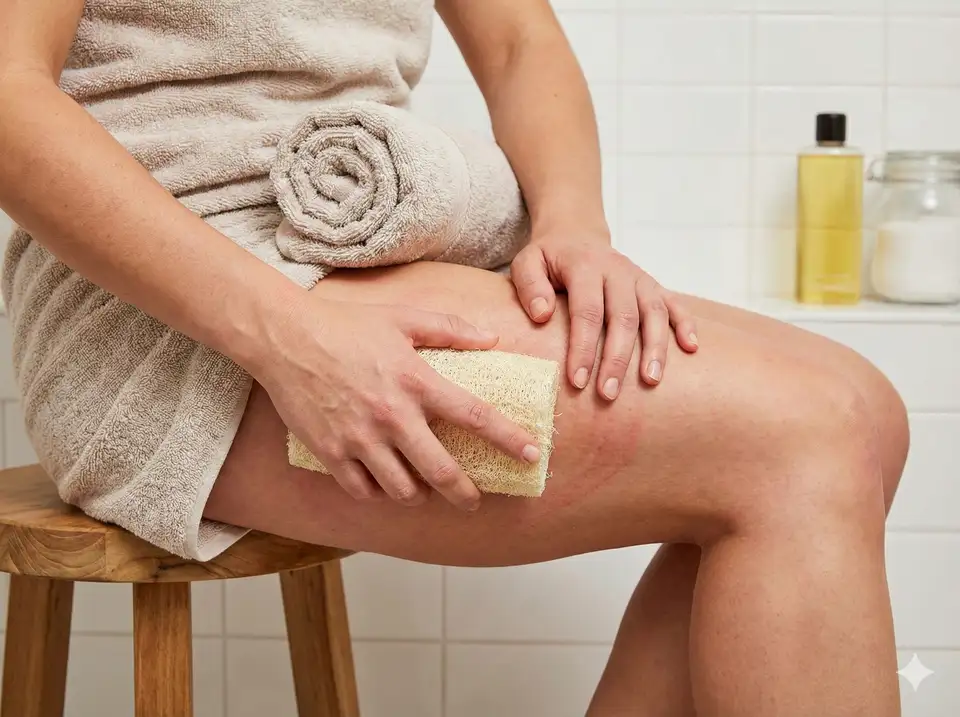 Person using firm loofah massage on thighs in circular motions for improving skin texture and circulation