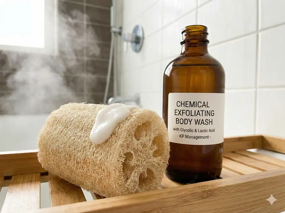 Using loofah with AHA/BHA body wash for enhanced KP treatment