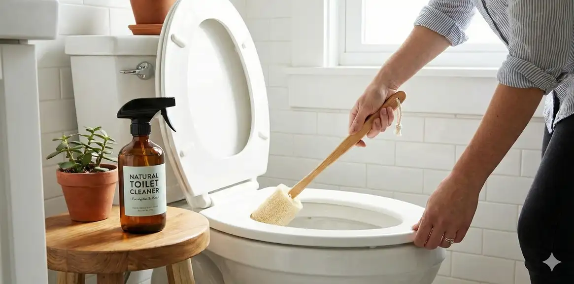 Loofah on stick cleaning toilet bowl