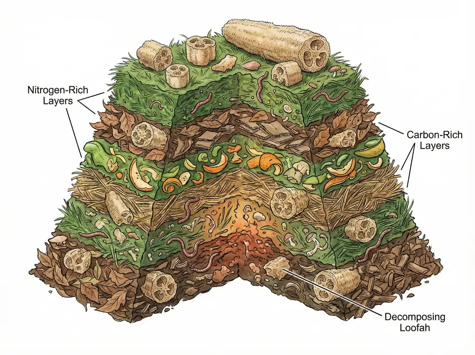 Diagram showing proper compost layers including loofah material