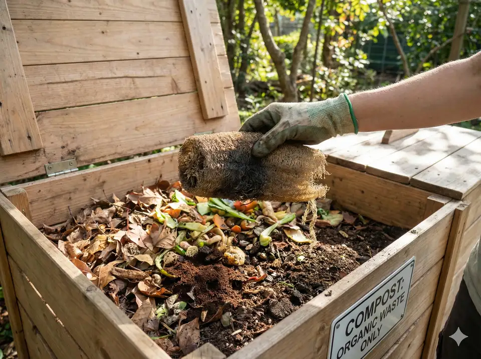 Adding old worn loofah to compost bin for eco-friendly disposal