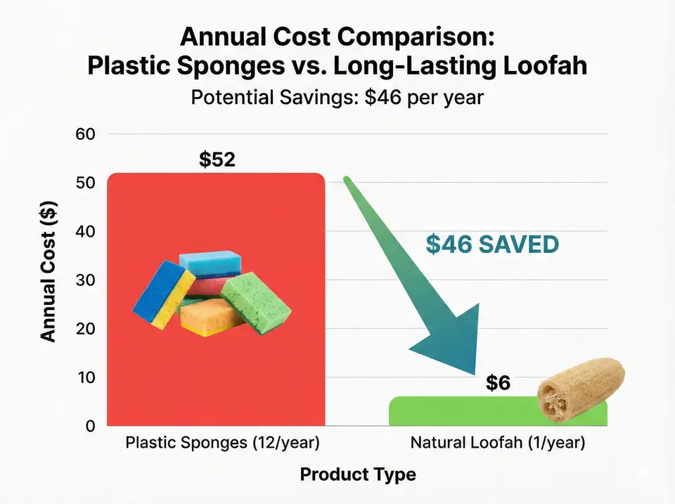 Annual cost chart comparing disposable sponges vs reusable loofah