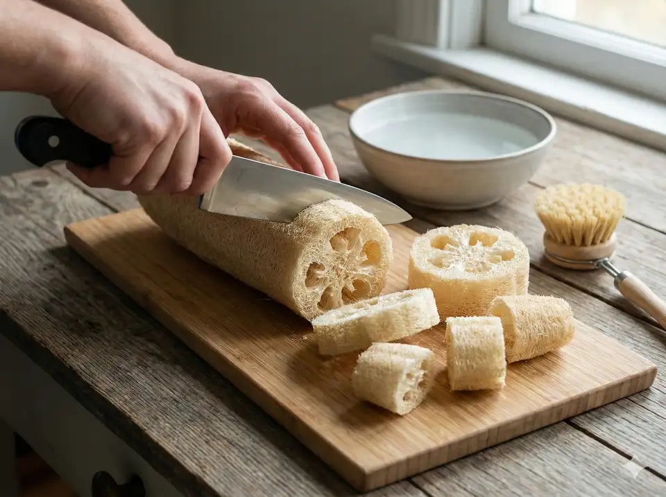 Cutting dried loofah into convenient dish scrubber sizes