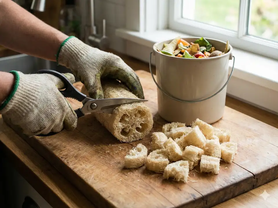Cutting old loofah into small pieces for faster decomposition