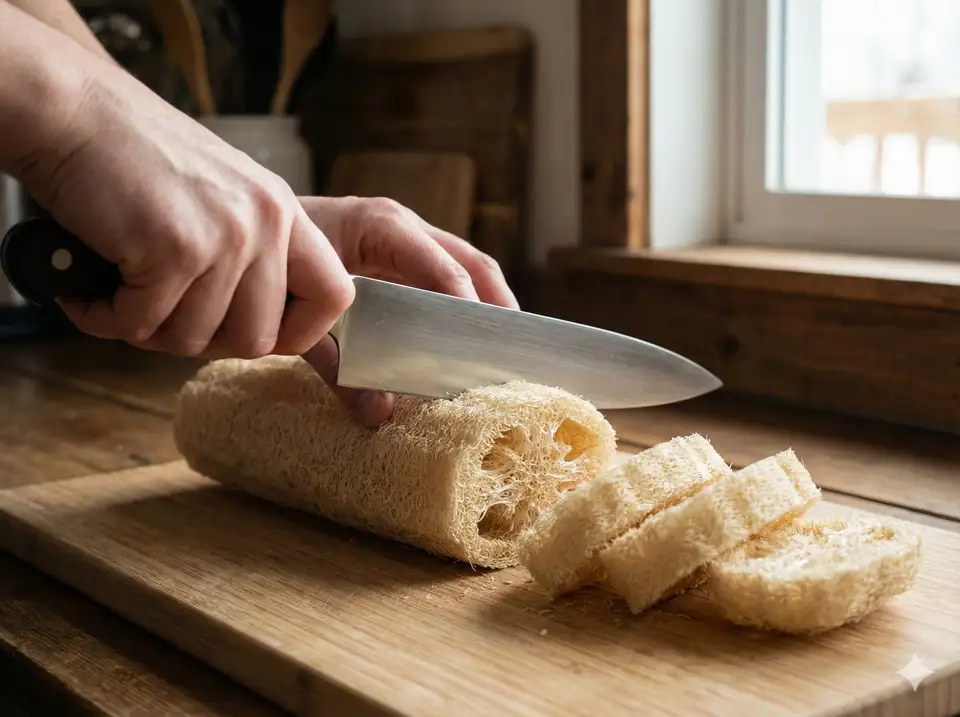 Cutting loofah lengthwise into rectangles
