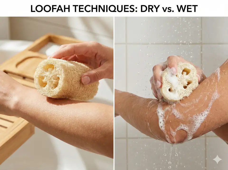 Side-by-side comparison of dry brushing technique versus wet loofah exfoliation with soap in shower