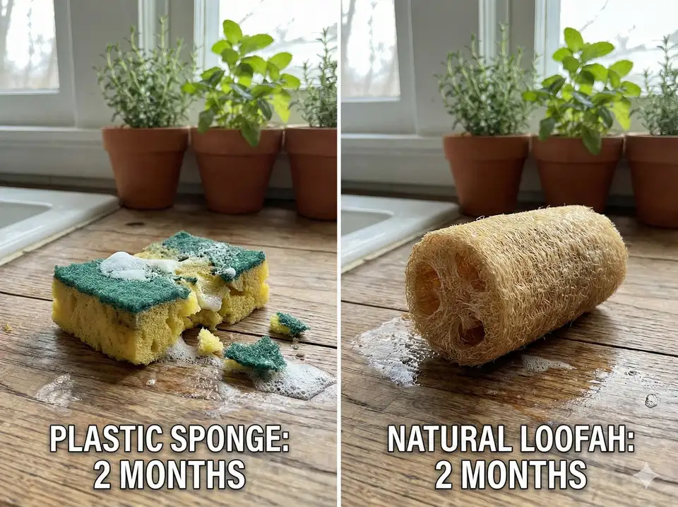 Used plastic sponge deteriorating vs intact loofah after same period