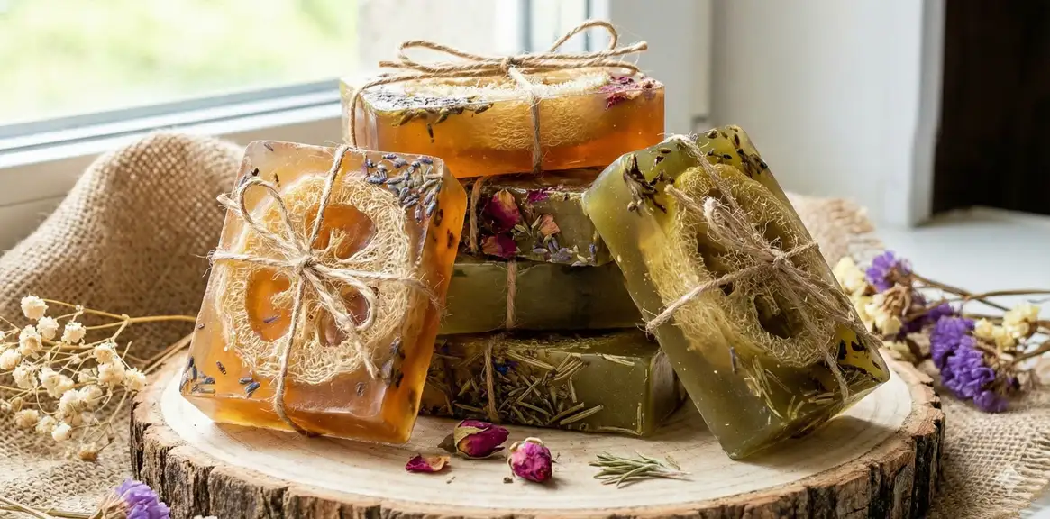 Handmade soap with embedded loofah slice