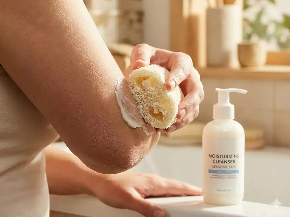 Soft loofah with gentle pressure on dry flaky skin