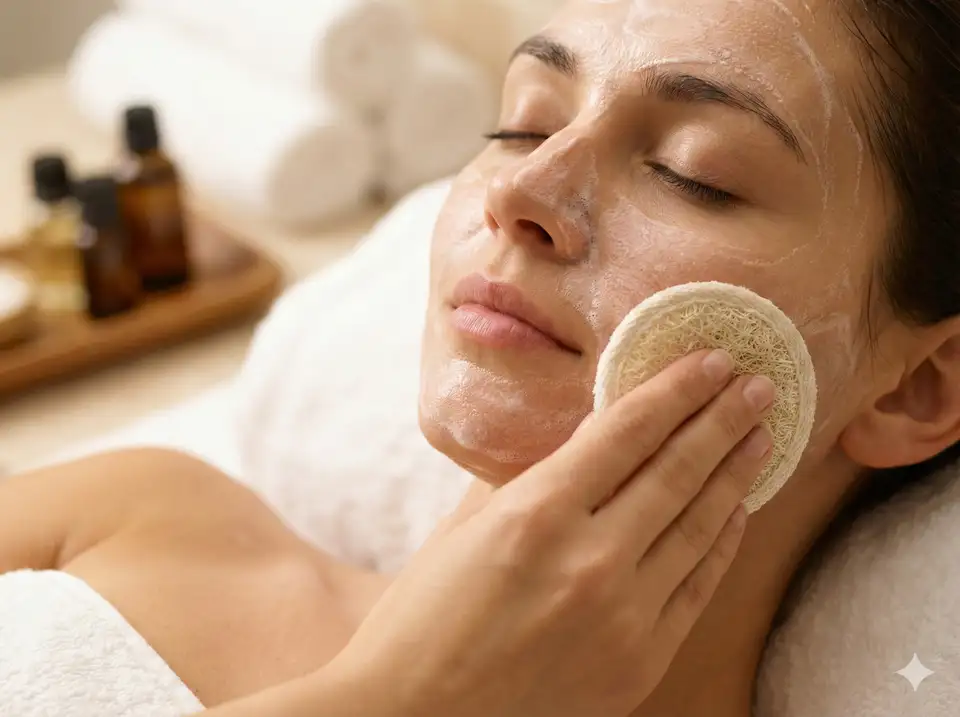 Close-up of person using small soft loofah section with natural cleanser for gentle facial exfoliation