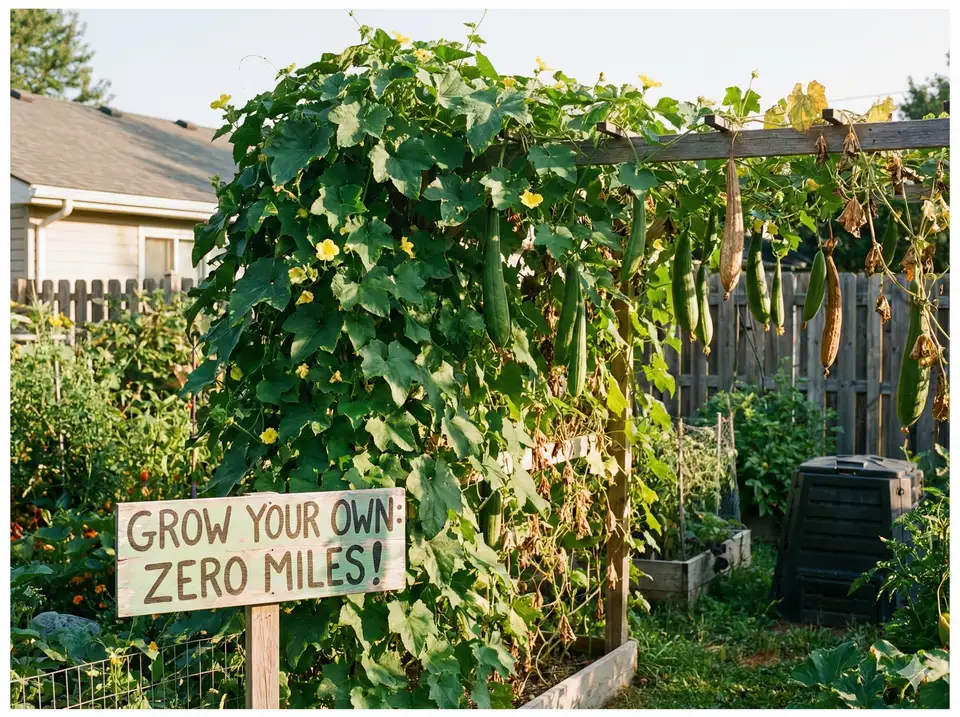 Home garden with thriving loofah vines representing most local option - grow your own for zero miles