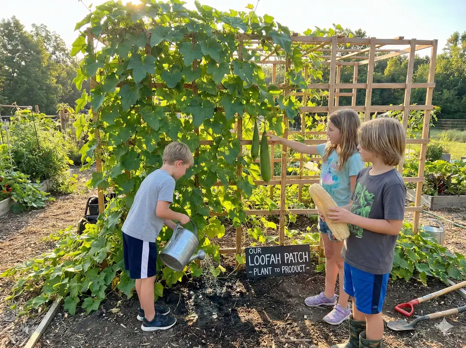 Kids watering loofah vines in garden, learning about plant-to-product cycle through hands-on growing