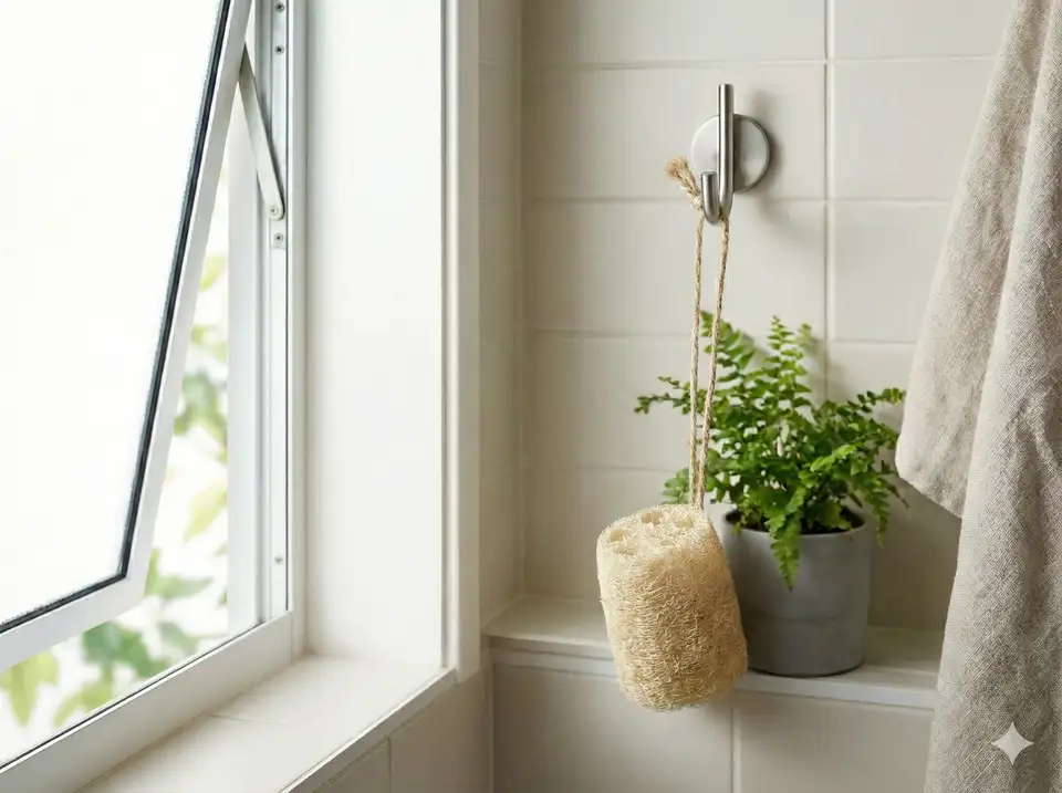 Natural loofah hanging from bathroom hook in well-ventilated area to air dry