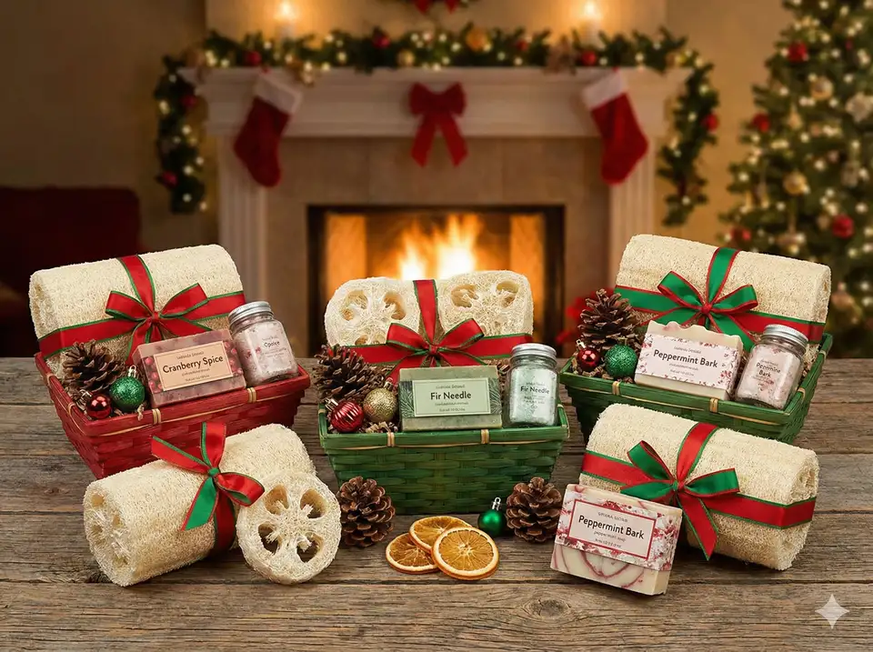 Festive holiday loofah gift ideas with seasonal decorations and gift wrapping