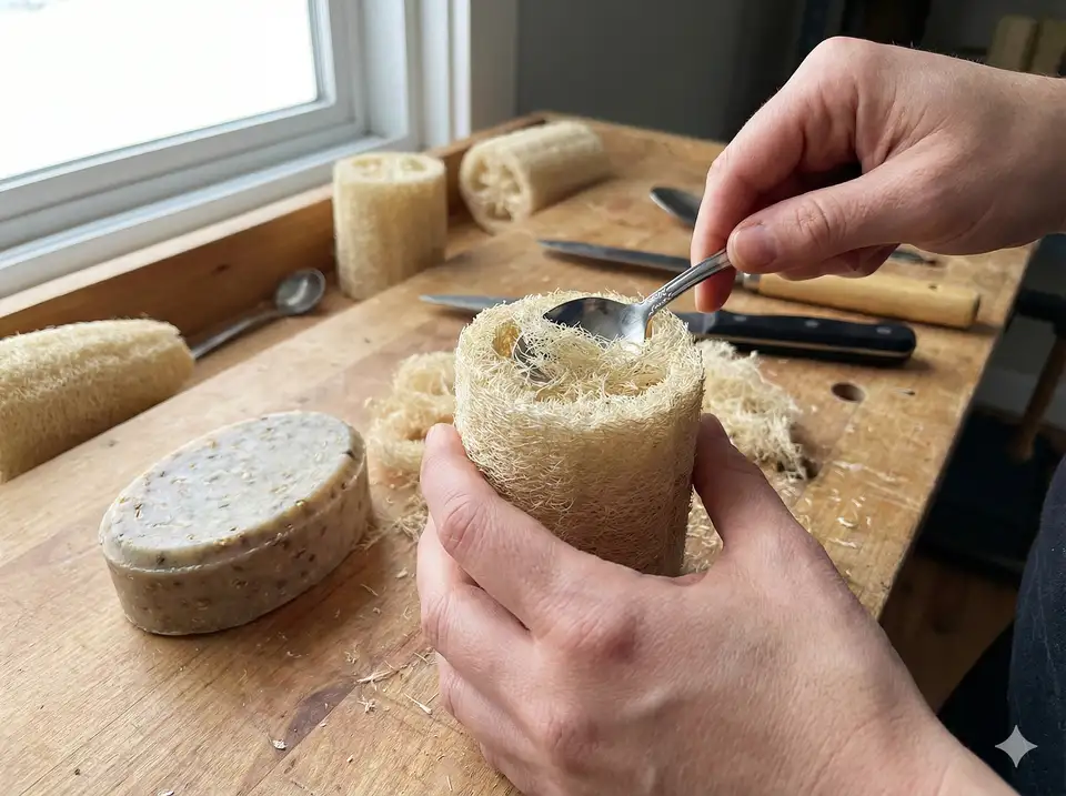Creating cavity in loofah round to hold bar soap