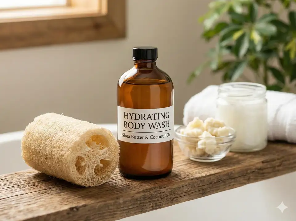 Natural moisturizing body wash used with loofah for dry skin