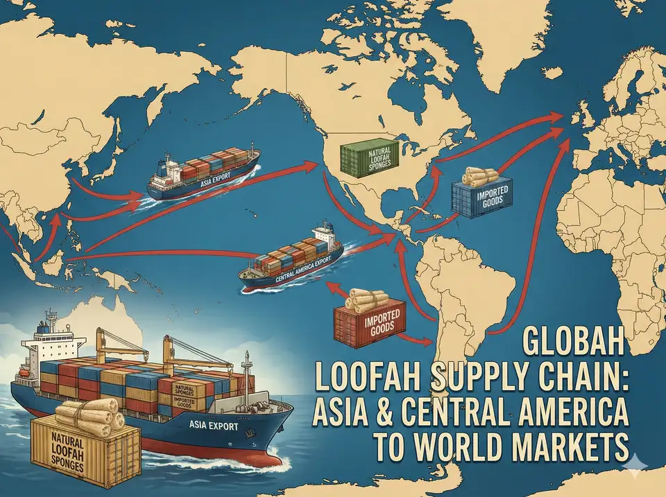 World map or shipping imagery showing long-distance transport of imported loofahs from Asia or Central America