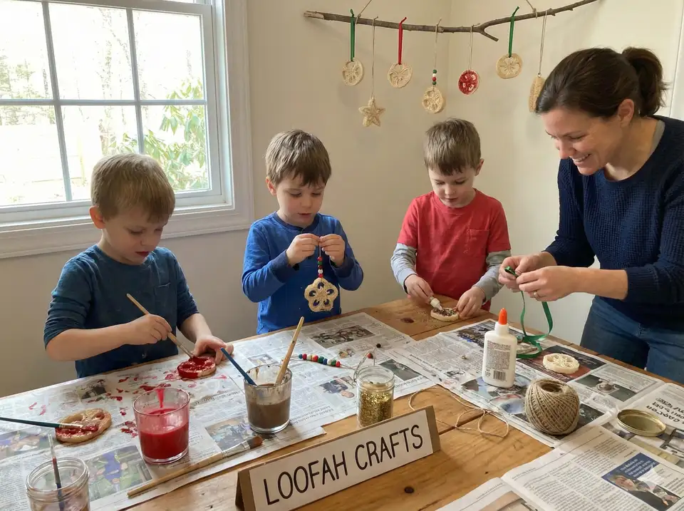 Kids painting loofah slices or making loofah ornaments at craft table with adult supervision