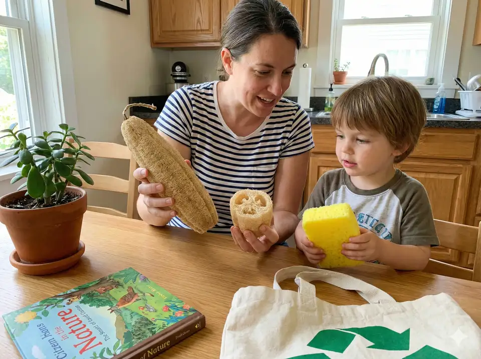 Parent showing child natural loofah plant vs plastic sponge, teaching environmental awareness early