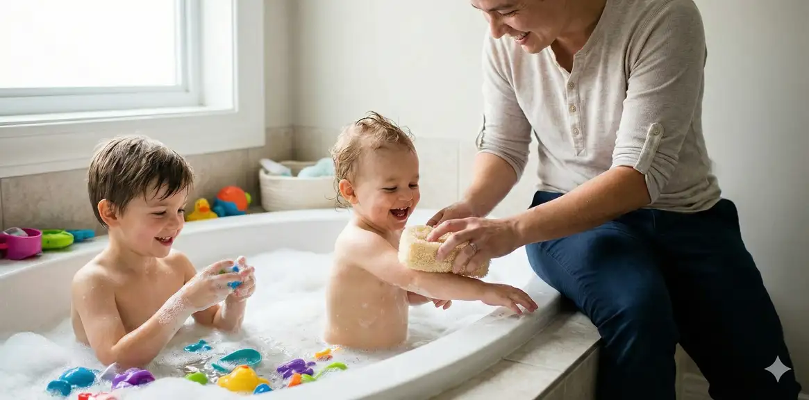 Kids learning to use loofah during bath time with parent
