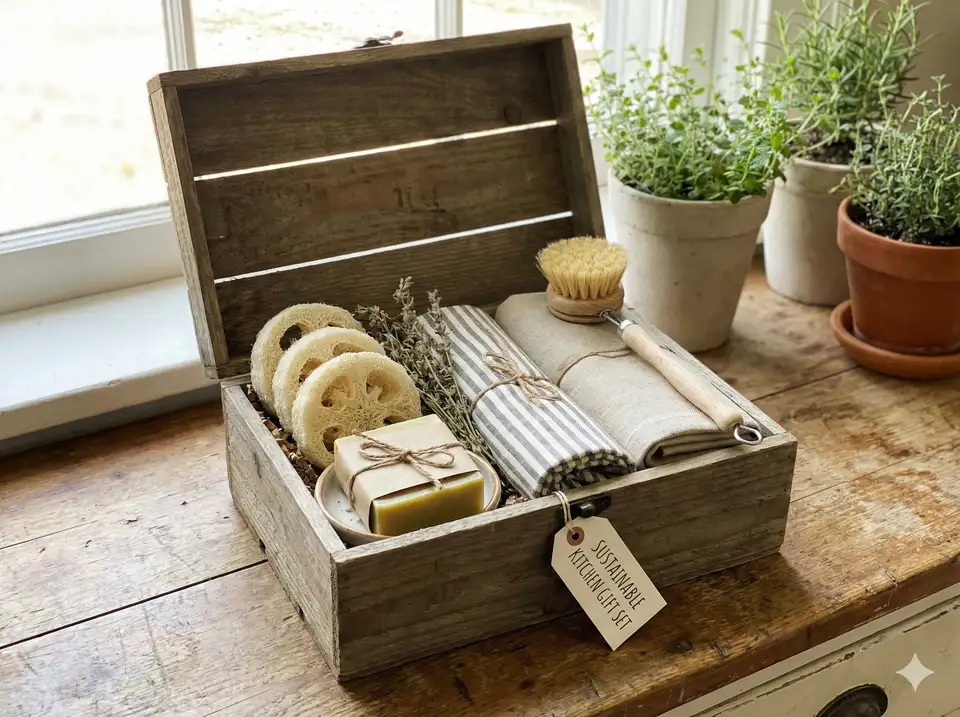 Zero-waste kitchen gift set with natural loofah dish sponges and eco cleaning products
