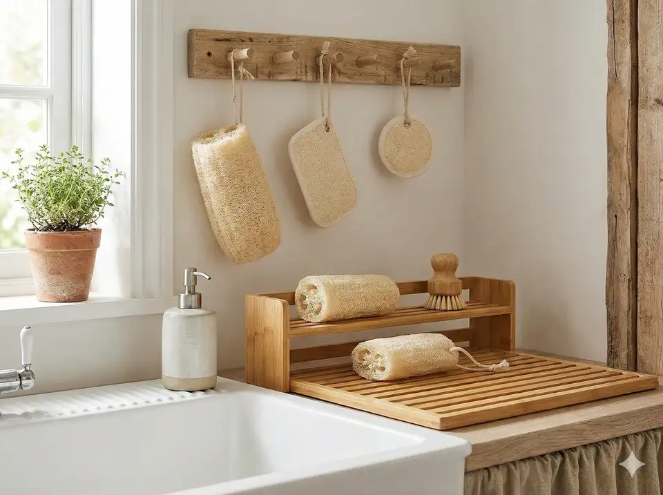 Loofah dish scrubbers drying on sink caddy or hook