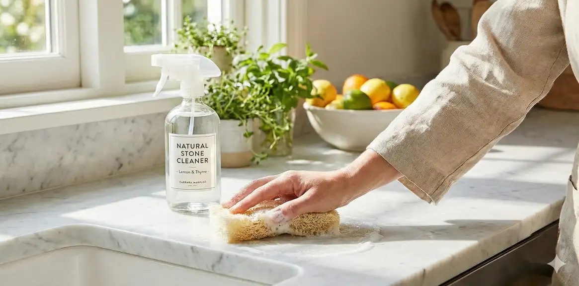 Using loofah to clean kitchen countertop