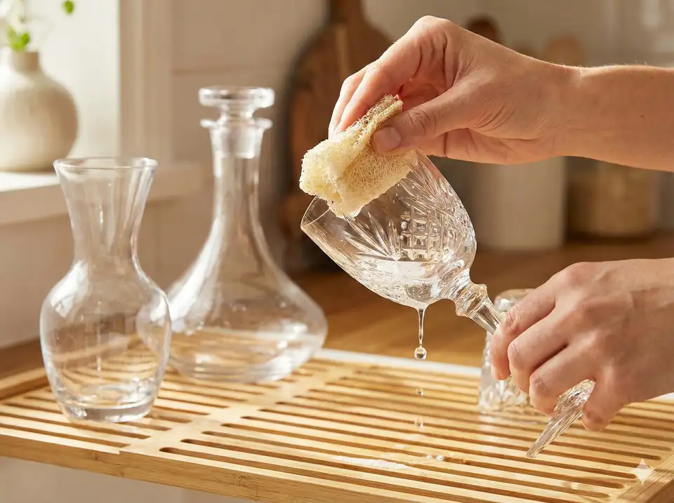 Soft loofah cleaning wine glasses and delicate items