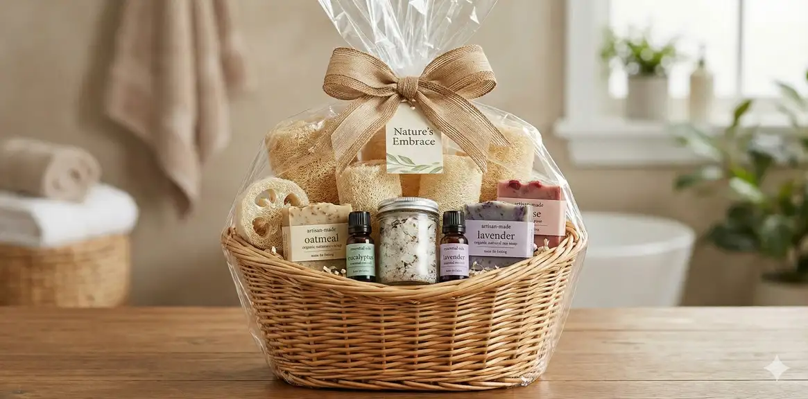 Spa gift basket with natural loofahs and handmade soaps