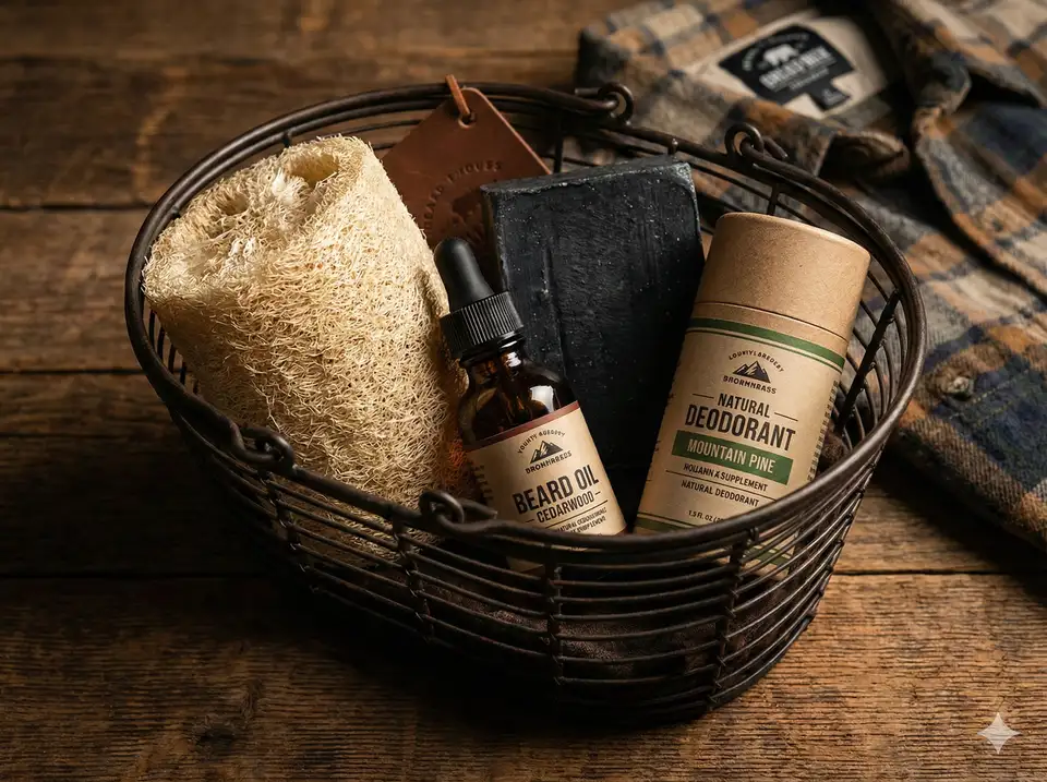 Masculine spa gift set featuring natural loofah sponges and grooming products
