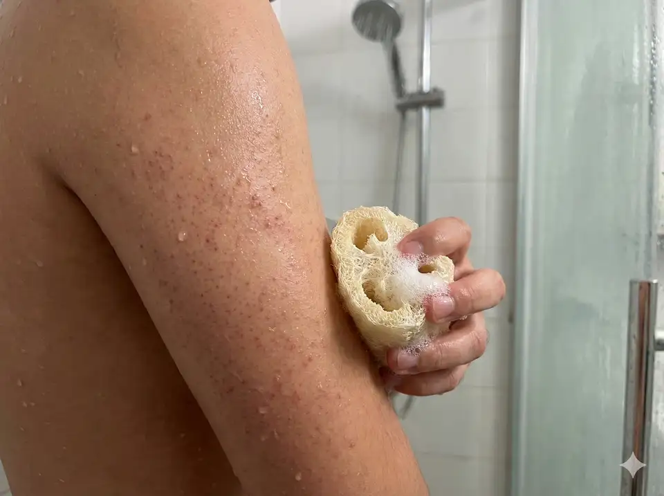 Person using loofah on keratosis pilaris affected areas