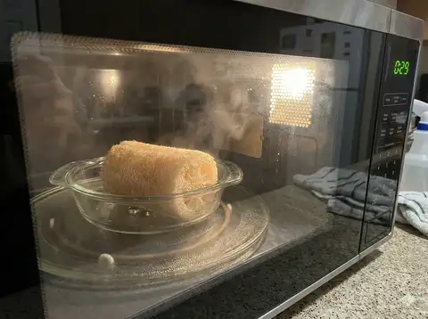Microwave-safe dish with damp loofah inside microwave for quick 30-second sanitization