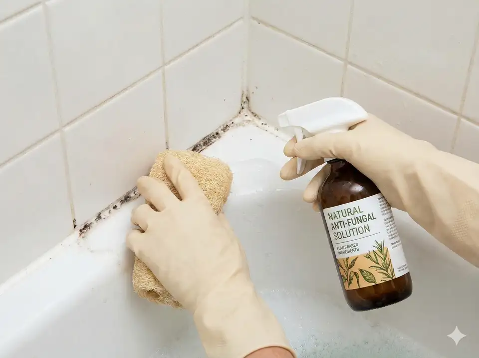 Loofah with tea tree oil cleaning mildew-prone areas