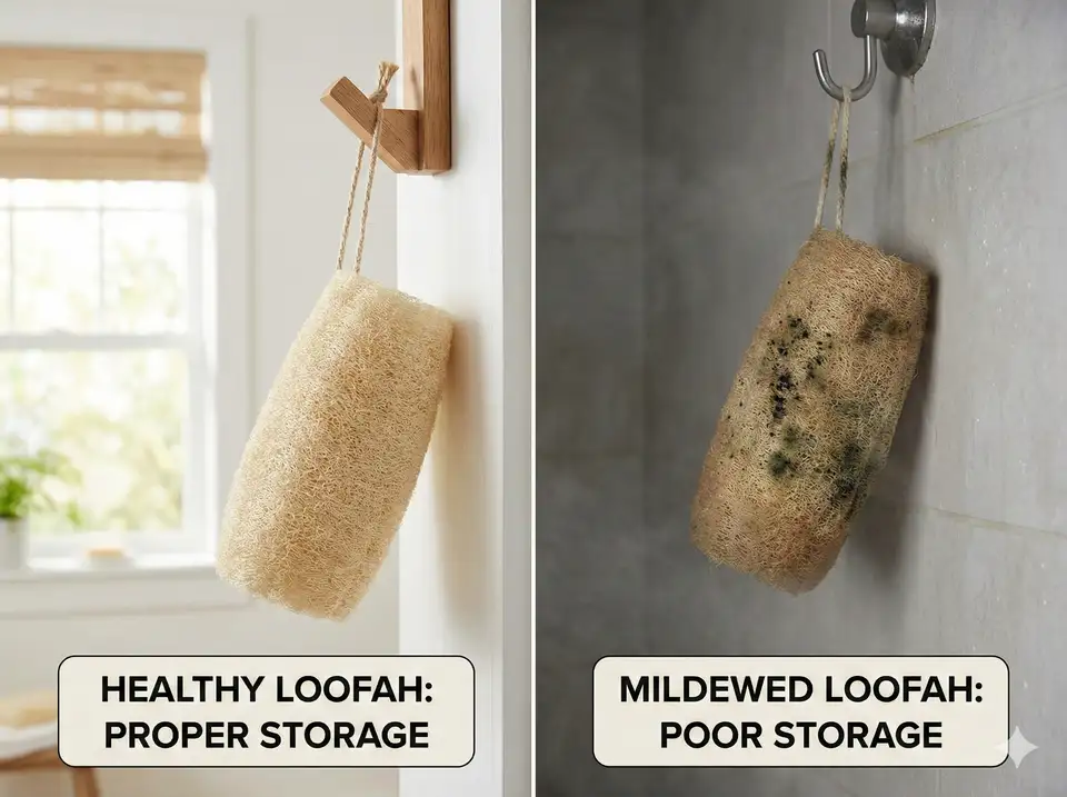 Comparison of properly dried versus improperly stored loofah showing mildew from damp conditions