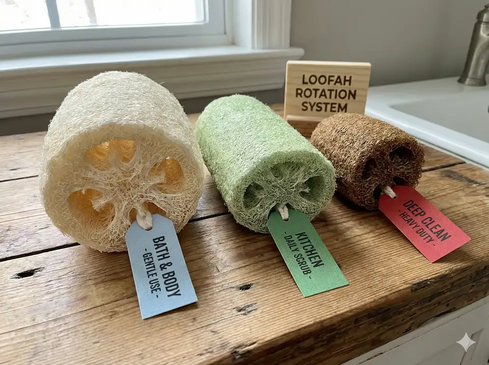 Three loofahs labeled for rotation schedule to extend lifespan