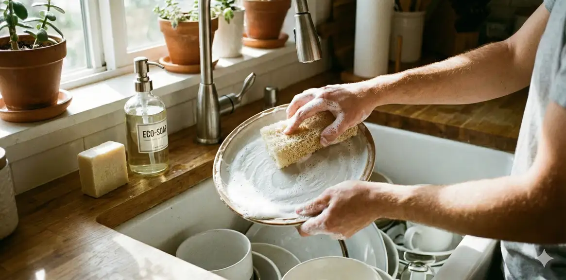 Using loofah to scrub dishes