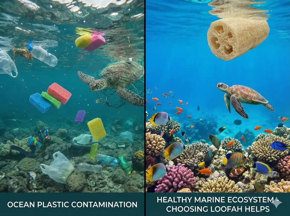Split image showing ocean plastic pollution vs healthy marine ecosystem