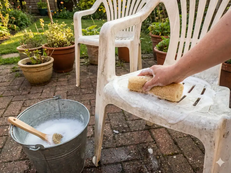 Cleaning patio furniture with loofah and soapy water