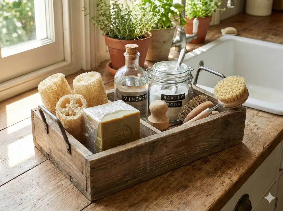Cleaning supply caddy with all-natural tools including loofah