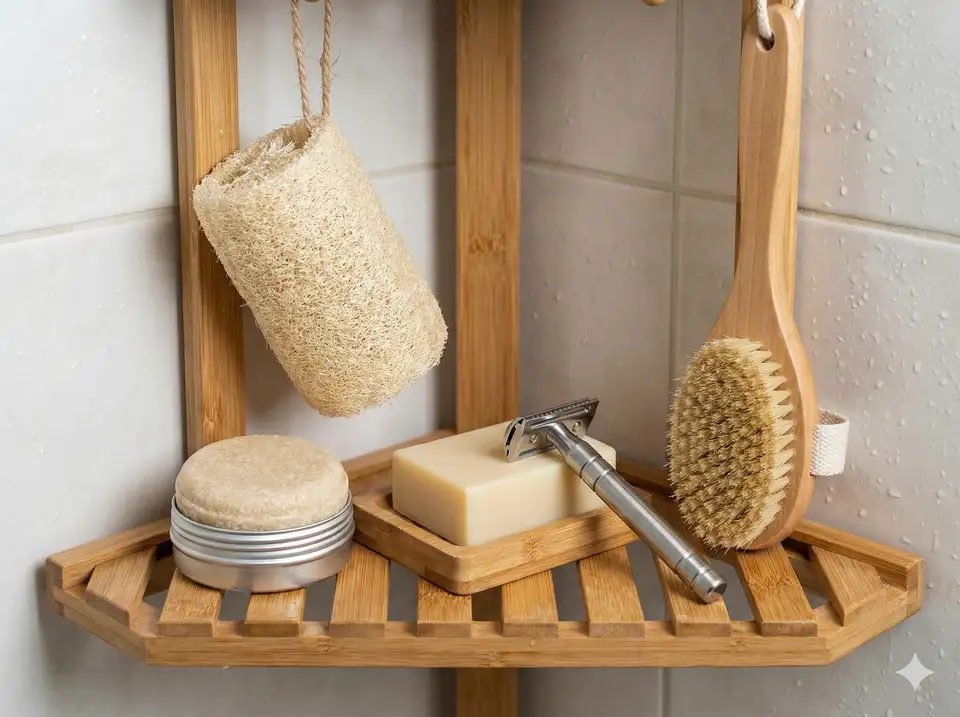 Zero-waste shower products including loofah and package-free items