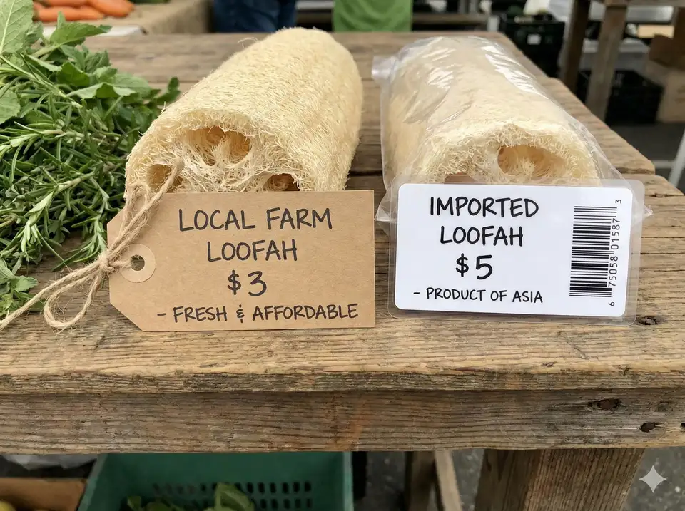 Price tags comparison: local farm loofah $3 vs imported store loofah $5 - local can be more affordable