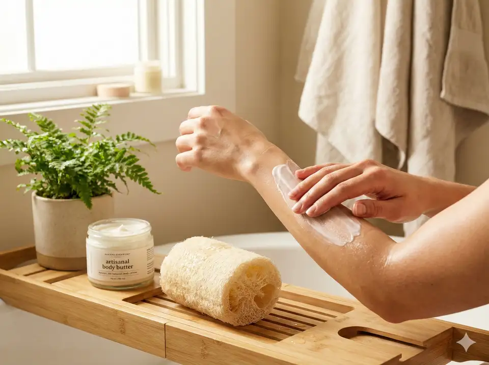 Hands applying natural body lotion to freshly exfoliated skin with loofah nearby showing enhanced skincare routine